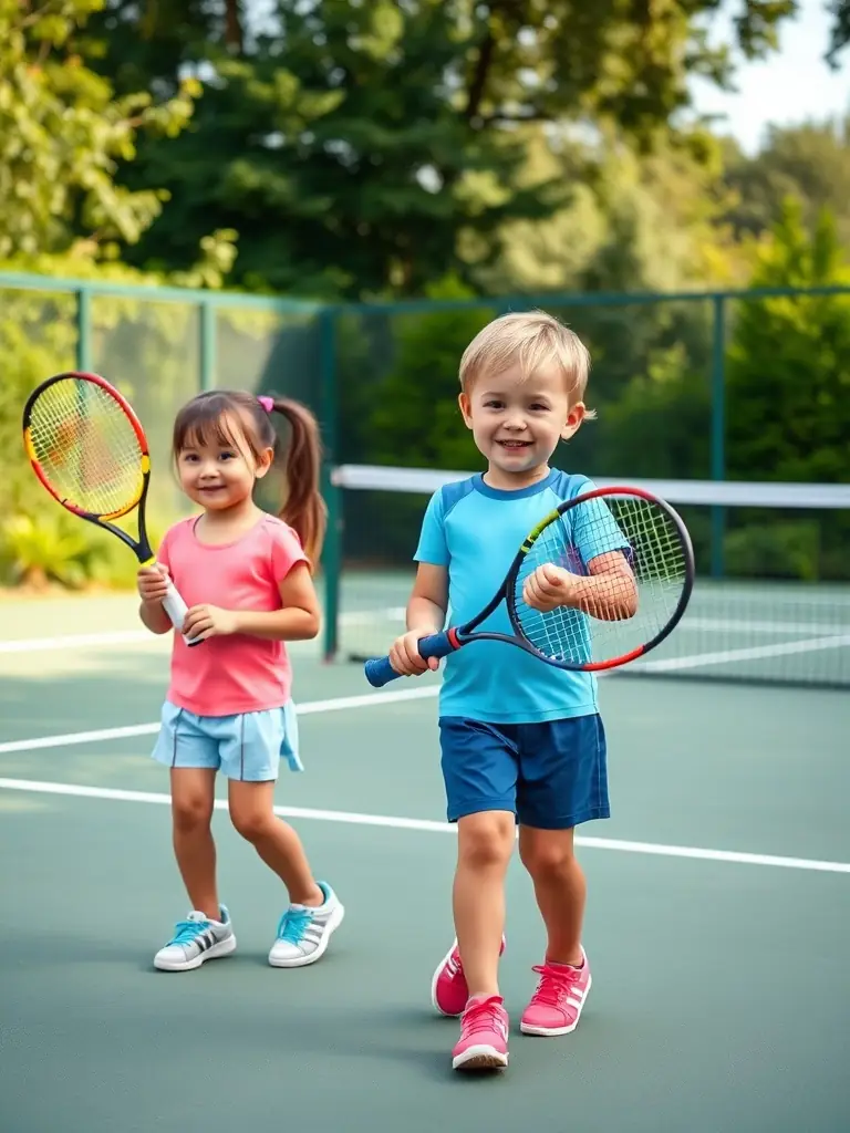A vibrant image of children participating in a beginner's tennis lesson, emphasizing skill development and fun at CLUB AIRCULTURE.