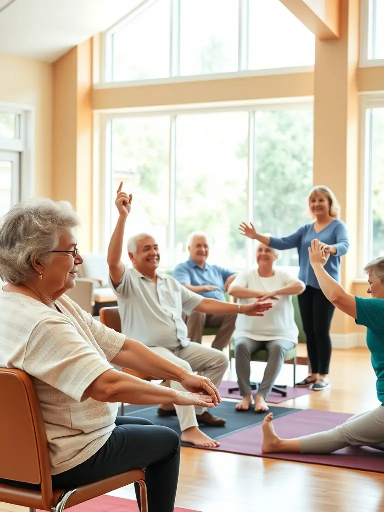 A group of seniors participating in a gentle aerobics class, emphasizing the importance of staying active and healthy at CLUB AIRCULTURE.