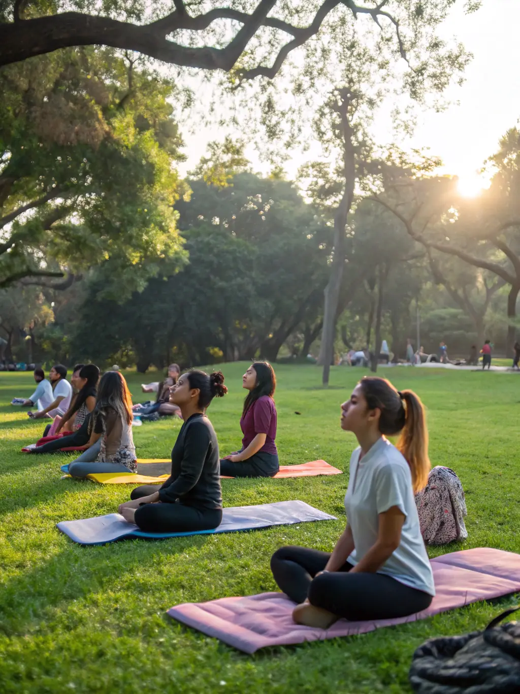 A serene image of a yoga class taking place outdoors, highlighting the relaxation and wellness aspects of CLUB AIRCULTURE's activities.