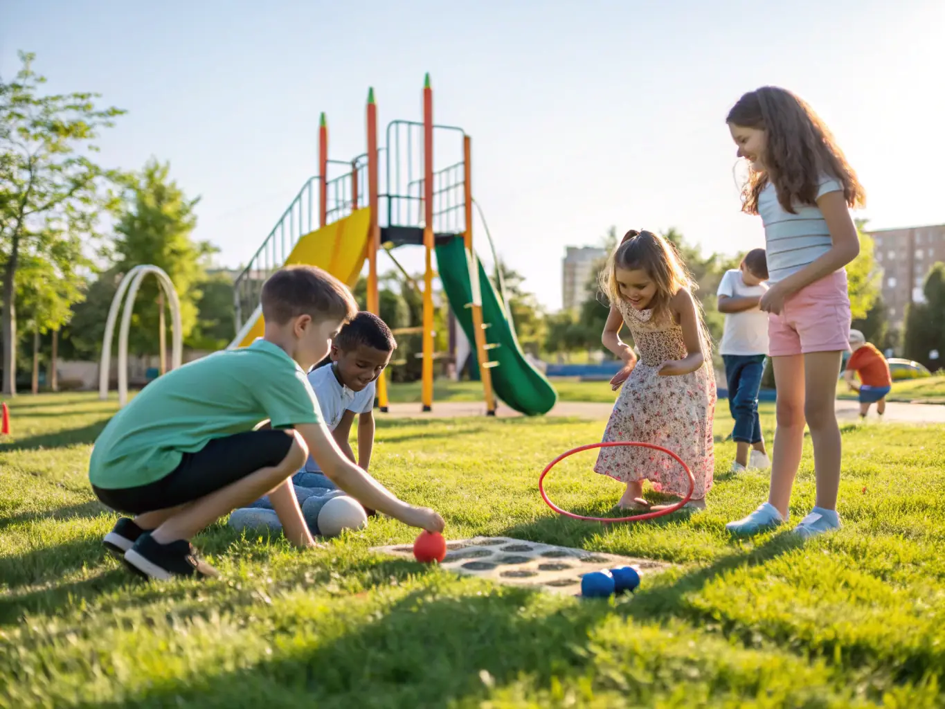 A group of children laughing and playing during a recreational activity at a local park, emphasizing the fun and social aspects of our programs.