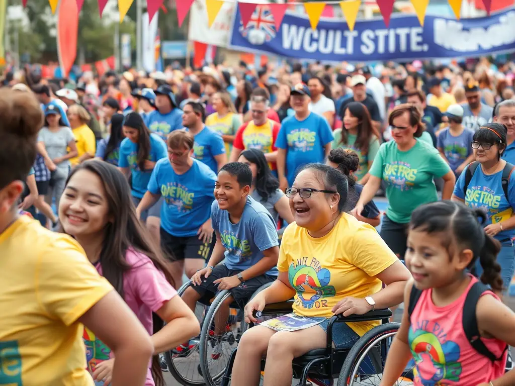A vibrant image of diverse community members participating in adaptive sports activities outdoors, showcasing inclusivity and active engagement.